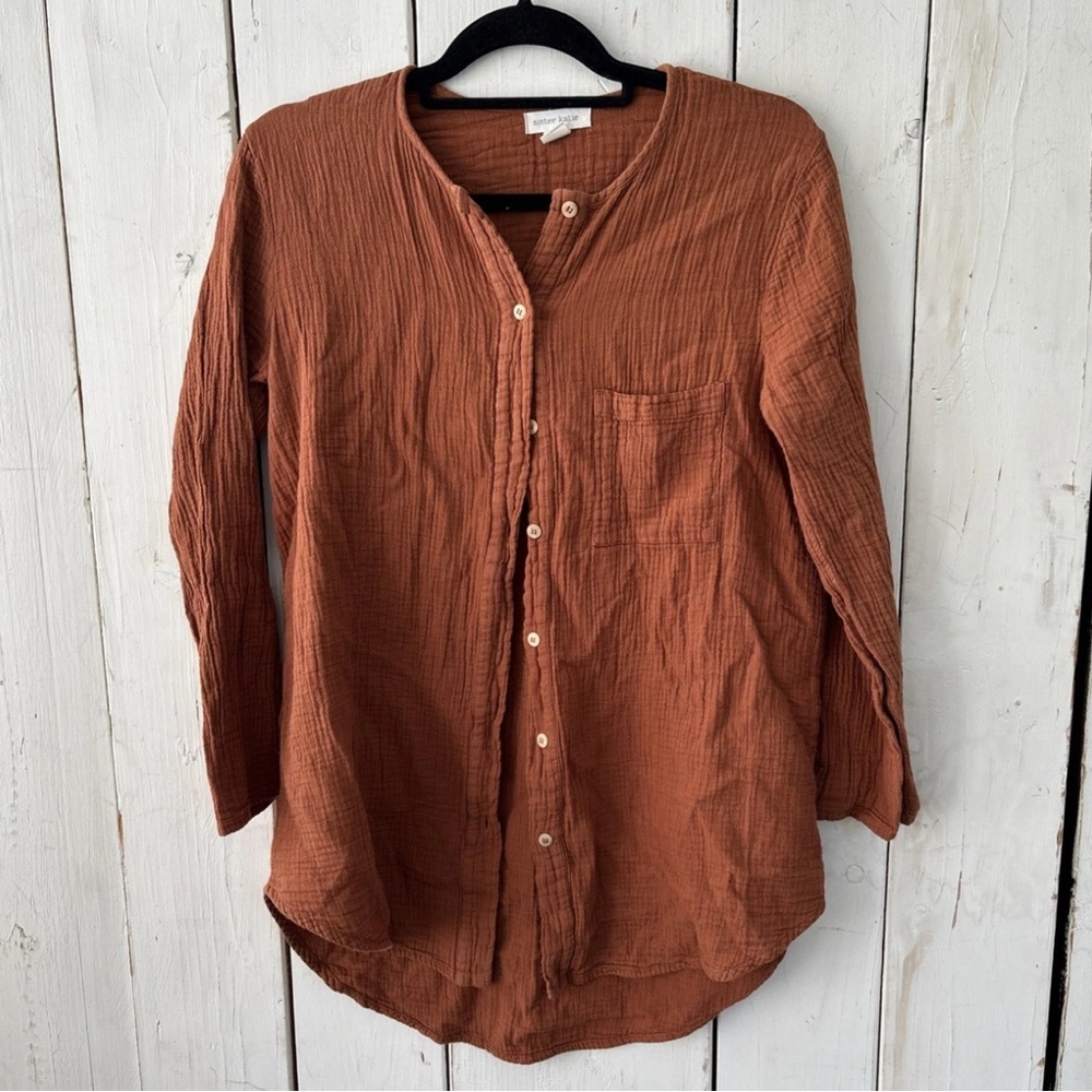 Sister Katie Sz  Small Organic Cotton Tunic Top Shirt Button Orange Rust